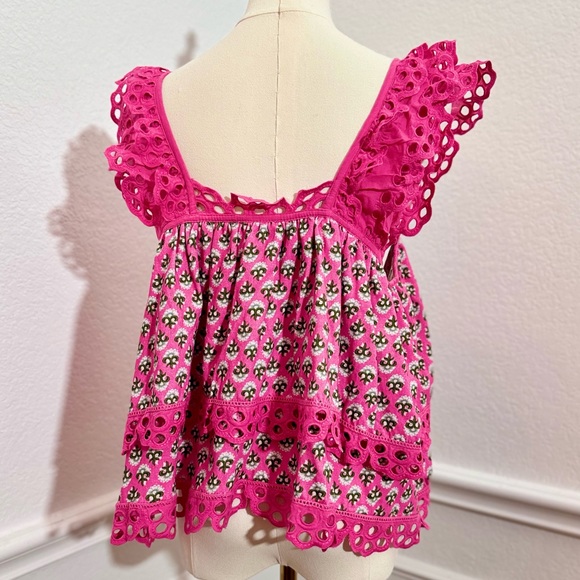 ANTHROPOLOGIE Let Me Be Layered Ruffle Tiered Pink Floral Eyelet Swing Top - Picture 14 of 17